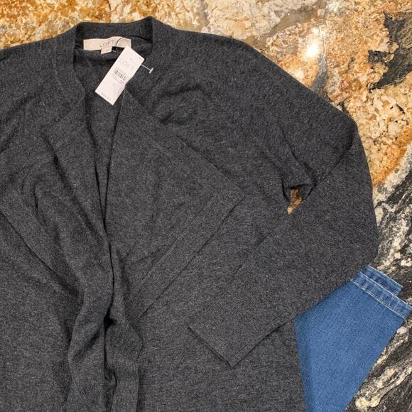 NWT LOFT Dark Charcoal Grey Draped Soft Knit Open Cardigan Sweater - SIZE S - Picture 6 of 9